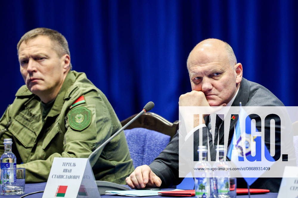 BELARUS, MINSK - OCTOBER 8, 2026: Deputy State Secretary of the Security Council of Belarus Alexander Neverovsky (L) and Chairman of the State Security Committee of Belarus Ivan Tertel attend a meeting before the final phase of the Eurasia-Antiterror 2026 counter-terrorism exercise by relevant agencies of the CIS and SCO member states. The drill is held as part of the 2026 CIS and SCO Counter-Terrorism Forum. Maxim Malinovsky TASS 98946395
