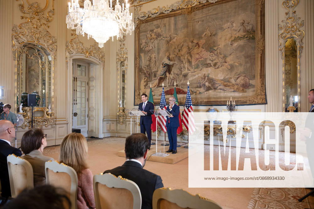 U.S. Secretary of State MARCO RUBIO speaks at a lectern during a joint press conference with Portuguese Minister of State and Foreign Affairs PAULO RANGEL at Palacio das Necessidades in Lisbon, Portugal, on October 8, 2026. The media appearance follows their bilateral meeting during RUBIO s visit to advance defense, economic and technology cooperation. Lisbon Portugal - ZUMAr238 20261008_zip_r238_002