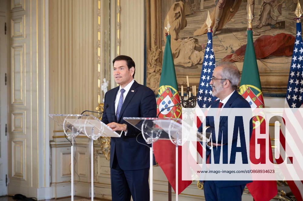 U.S. Secretary of State MARCO RUBIO speaks at a lectern during a joint press conference with Portuguese Minister of State and Foreign Affairs PAULO RANGEL at Palacio das Necessidades in Lisbon, Portugal, on October 8, 2026. The media appearance follows their bilateral meeting during RUBIO s visit to advance defense, economic and technology cooperation. Lisbon Portugal - ZUMAr238 20261008_zip_r238_012
