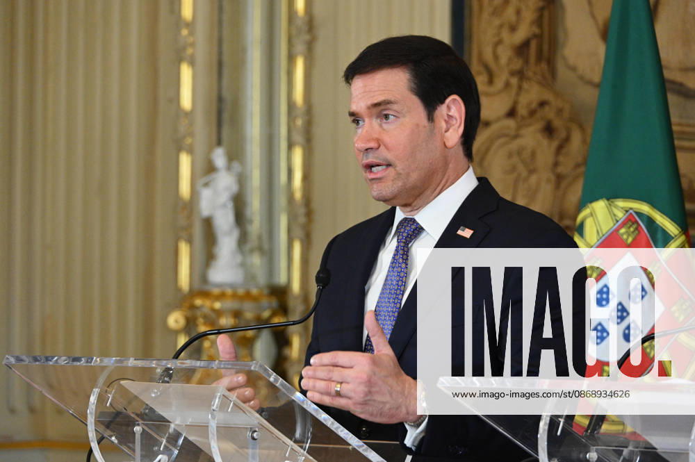 U.S. Secretary of State MARCO RUBIO speaks and gestures at a lectern during a joint press conference with Portuguese Minister of State and Foreign Affairs PAULO RANGEL at the Palacio das Necessidades in Lisbon, Portugal, on October 8, 2026. The media appearance follows their bilateral meeting during RUBIO s visit to advance defense, economic and technology cooperation. Lisbon Portugal - ZUMAr238 20261008_zip_r238_010