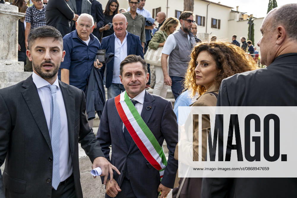 IPA89434775 - ASCOLI PICENO, ITALY OCTOBER 8, 2026: Prime Minister Giorgia Meloni attends the presentation and inauguration ceremony for the Palazzo Saladini Pilastri complex and its monumental park in Ascoli Piceno. The restoration project is part of the PINQuA program for urban regeneration and the enhancement of the citys historical heritage. Pictured: Ascoli Mayor P. Marco Fioravanti. (Photo: Andrea Vagnoni IPA Agency)