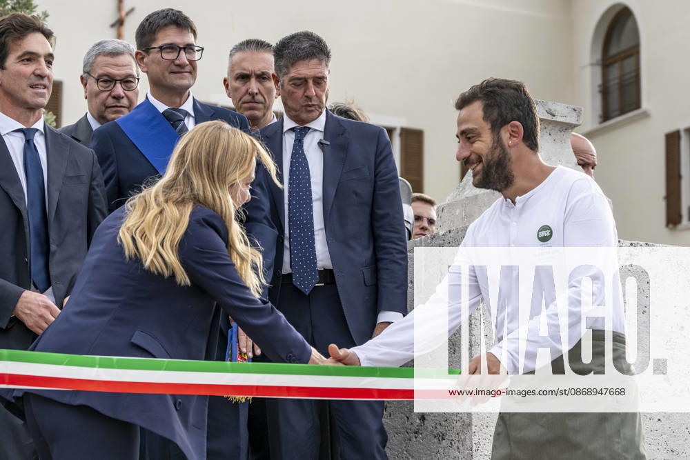 IPA89434788 - ASCOLI PICENO, ITALY OCTOBER 8, 2026: Prime Minister Giorgia Meloni attends the presentation and inauguration ceremony for the Palazzo Saladini Pilastri complex and its monumental park in Ascoli Piceno. The restoration project is part of the PINQuA program for urban regeneration and the enhancement of the citys historical heritage. (Photo: Andrea Vagnoni IPA Agency)