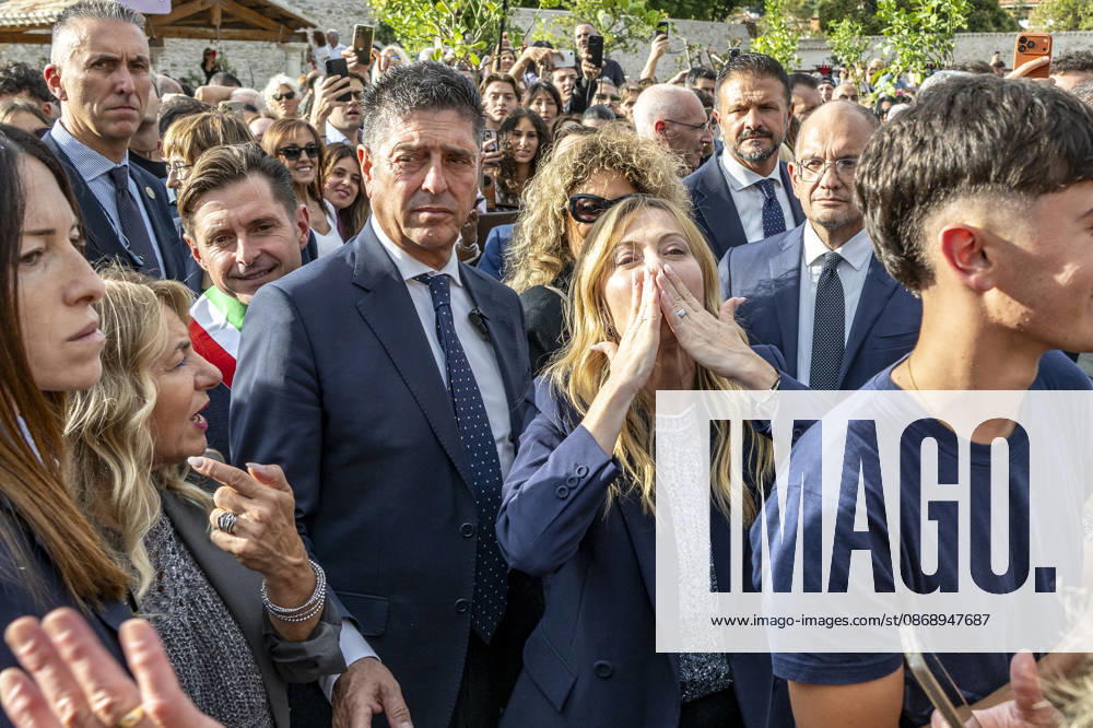 IPA89434859 - ASCOLI PICENO, ITALY OCTOBER 8, 2026: Prime Minister Giorgia Meloni attends the presentation and inauguration ceremony for the Palazzo Saladini Pilastri complex and its monumental park in Ascoli Piceno. The restoration project is part of the PINQuA program for urban regeneration and the enhancement of the citys historical heritage. (Photo: Andrea Vagnoni IPA Agency)