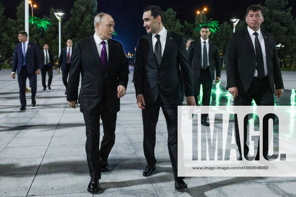 TURKMENISTAN, BALKAN PROVINCE - OCTOBER 8, 2026: Serdar Berdimuhamedow, President of Turkmenistan, welcomes his counterpart Vladimir Putin (R-L centre) of Russia ahead of a meeting of the CIS (Commonwealth of Independent States) Council of Heads of State in Turkmenbasy. Gavriil Grigorov Russian Presidential Press and Information Office TASS 98956800