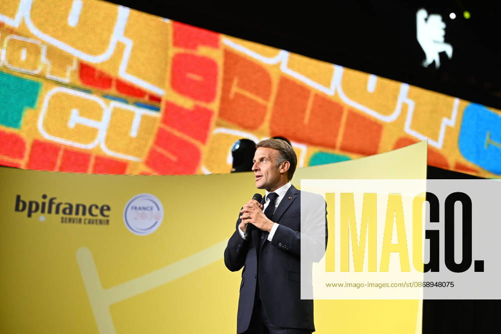 President Macron at Bpifrance Inno Generation - Paris France s President Emmanuel Macron delivers a speech on stage during the Bpifrance Inno Generation (BIG) event, one of Europe’s largest gatherings dedicated to entrepreneurs, in Paris, France on October 8, 2026. Photo by Jeanne Accorsini Pool ABACAPRESS.COM Paris France