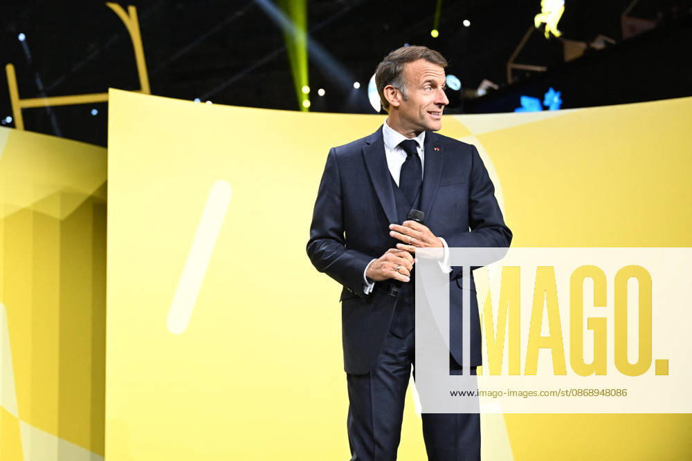 President Macron at Bpifrance Inno Generation - Paris France s President Emmanuel Macron delivers a speech on stage during the Bpifrance Inno Generation (BIG) event, one of Europe’s largest gatherings dedicated to entrepreneurs, in Paris, France on October 8, 2026. Photo by Jeanne Accorsini Pool ABACAPRESS.COM Paris France