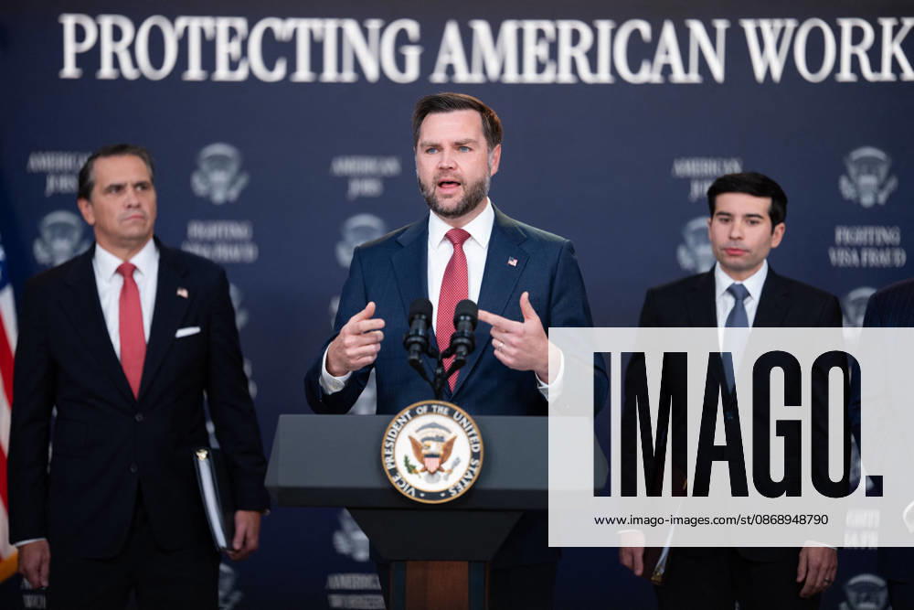 JD Vance During Immigration Program Announcement - Washington Vice President JD Vance gives remarks during an announcement in the South Court Auditorium of the Eisenhower Executive Office Building at the White House in Washington, DC, US, on Thursday, Oct. 8, 2026. The Trump administration said Thursday that it would suspend an immigration program for multiple tech firms, including Microsoft Corp., alleging widespread abuse of a worker visa system. Photo by Aaron Schwartz Pool ABACAPRESS.COM Washington District of Columbia