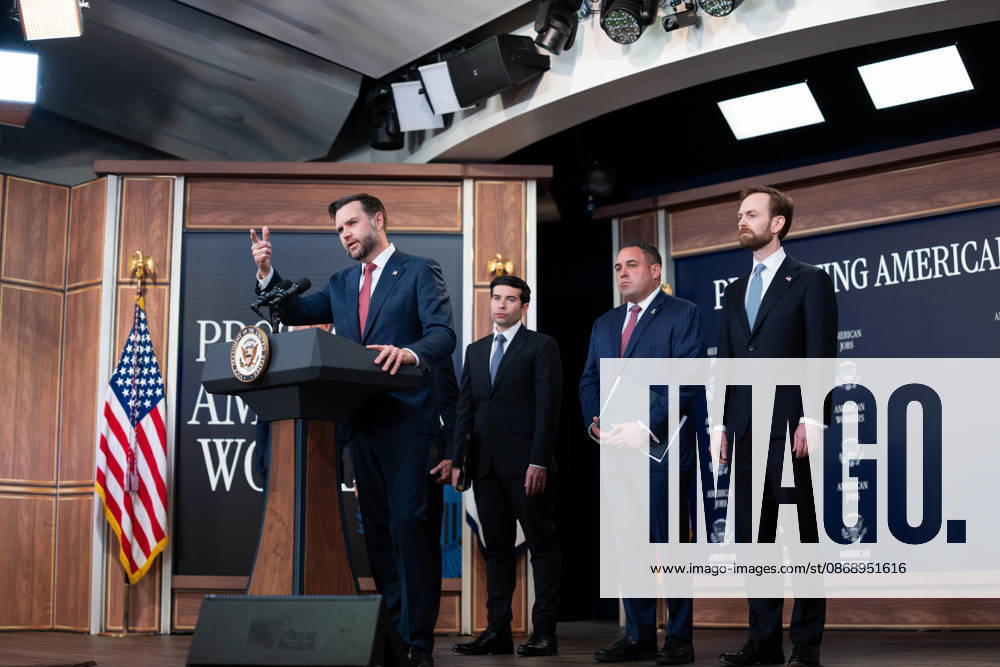 Vice President JD Vance gives remarks during an announcement in the South Court Auditorium of the Eisenhower Executive Office Building (EEOB) next to the White House in Washington, DC, on Thursday, October 8, 2026. The Trump administration said Thursday that it would suspend an immigration program for multiple tech firms, including Microsoft Corp., alleging widespread abuse of a worker visa system. WASP20261008108 AaronxSchwartz