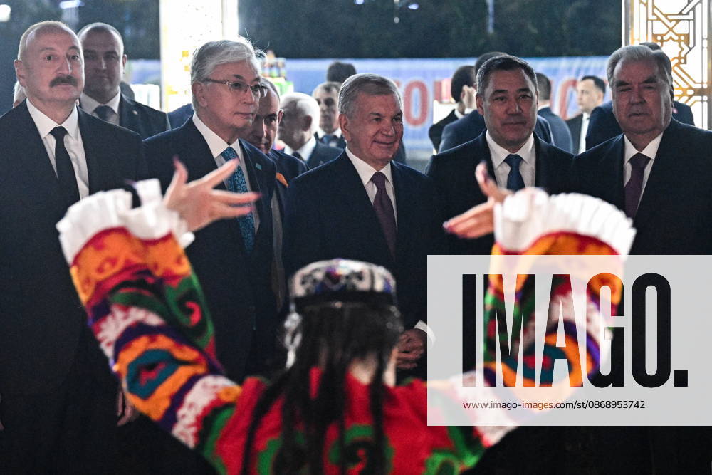 TURKMENISTAN, BALKAN PROVINCE - OCTOBER 8, 2026: Presidents Ilham Aliyev of Azerbaijan, Kassym-Jomart Tokayev of Kazakhstan, Shavkat Mirziyoyev of Uzbekistan, Sadyr Japarov of Kyrgyzstan, and Emomali Rahmon (L-R) of Tajikistan visit a traditional food festival in the Awaza National Tourist Zone on the sidelines of a meeting of the CIS (Commonwealth of Independent States) Council of Heads of State in Turkmenbasy Turkmenistan - ZUMAt113 20261008_zaa_t113_614