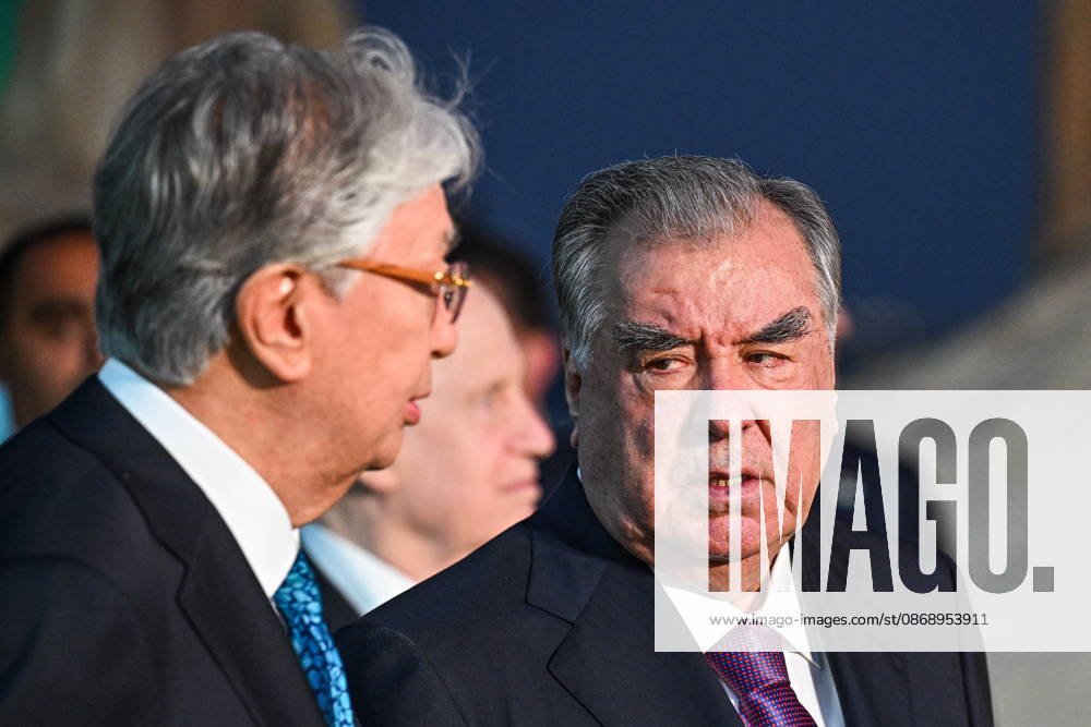 TURKMENISTAN, BALKAN PROVINCE - OCTOBER 8, 2026: Emomali Rahmon (R), President of Tajikistan, and his counterpart Kassym-Jomart Tokayev of Kazakhstan visit a traditional food festival in the Awaza National Tourist Zone on the sidelines of a meeting of the CIS (Commonwealth of Independent States) Council of Heads of State in Turkmenbasy Turkmenistan - ZUMAt113 20261008_zaa_t113_615