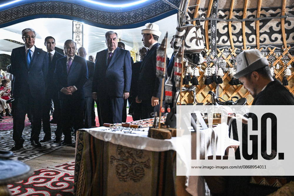 TURKMENISTAN, BALKAN PROVINCE - OCTOBER 8, 2026: Presidents Kassym-Jomart Tokayev of Kazakhstan, Shavkat Mirziyoyev of Uzbekistan, Emomali Rahmon (L-R front) of Tajikistan, and Serrdar Berdhumamedow of Turkmenistan visit a traditional food festival in the Awaza National Tourist Zone on the sidelines of a meeting of the CIS (Commonwealth of Independent States) Council of Heads of State in Turkmenbasy Turkmenistan - ZUMAt113 20261008_zaa_t113_617