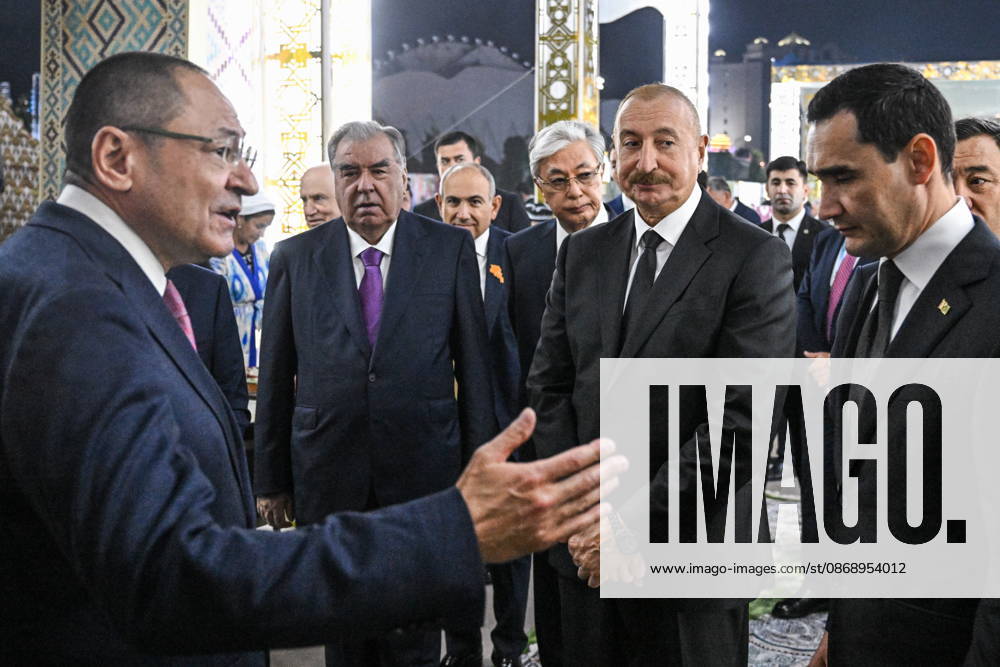 TURKMENISTAN, BALKAN PROVINCE - OCTOBER 8, 2026: Presidents Serdar Berdimuhamedow of Turkmenistan, Ilham Aliyev of Azerbaijan, Emomali Rahmon (R-L front) of Tajikistan, Kassym-Jomart Tokayev of Kazakhstan, and Nikol Pashinyan (R-L back), Prime Minister of Armenia, visit a traditional food festival in the Awaza National Tourist Zone on the sidelines of a meeting of the CIS (Commonwealth of Independent States) Council of Heads of State in Turkmenbasy Turkmenistan - ZUMAt113 20261008_zaa_t113_618