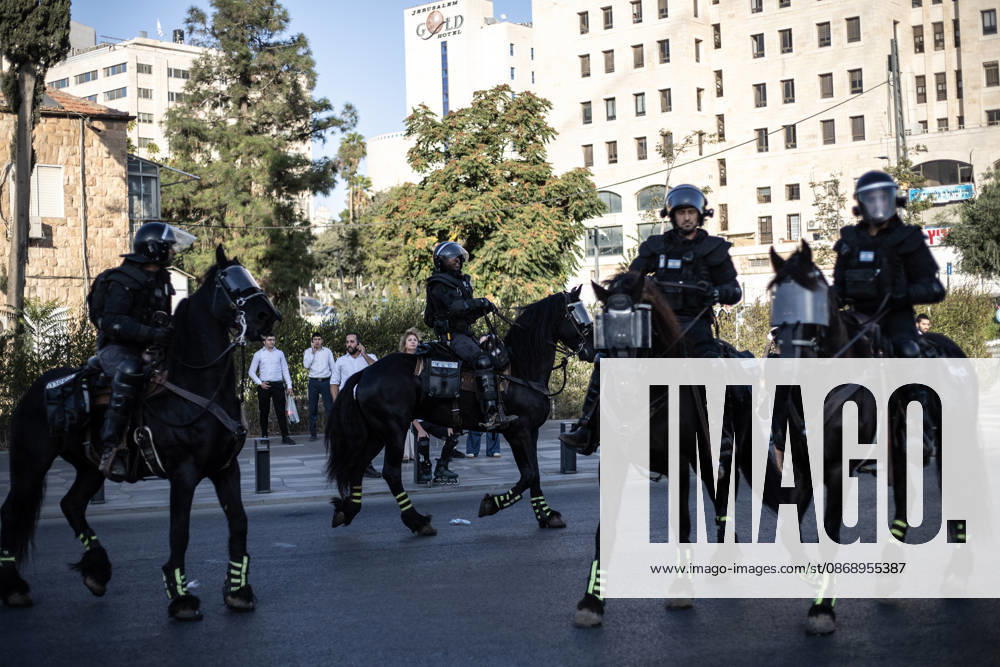 Anti-military service Ultra-Orthodox Jews block road to West Jerusalem JERUSALEM - OCTOBER 8: Mounted Israeli police officers on horseback deployed to the scene intervene against demonstrators as Ultra-Orthodox Jews, known as Haredi, protest the lack of legislation exempting yeshiva students from mandatory military service and the detention of students on grounds of draft evasion in West Jerusalem, Israel, on October 8, 2026. Haredi protesters lie on the road leading to West Jerusalem and block traffic. Mostafa Alkharouf Anadolu Jerusalem Israel. Editorial use only. Please get in touch for any other usage.