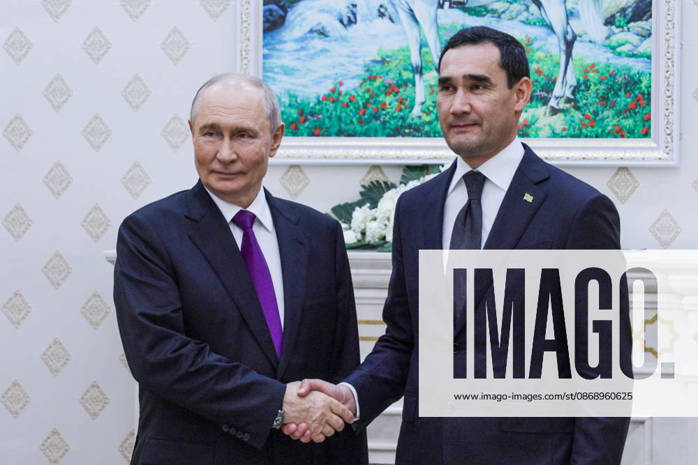 TURKMENISTAN, BALKAN PROVINCE - OCTOBER 8, 2026: Vladimir Putin (L), President of Russia, and his counterpart Serdar Berdimuhamedow of Turkmenistan shake hands during a bilateral meeting in Turkmenbasy Turkmenistan - ZUMAt113 20261008_zaa_t113_701