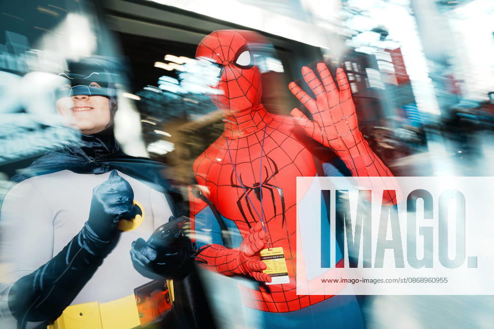 People in cosplay as Batman and Spiderman at the 2026 New York Comic Con at the Javits Center on October 8, 2026 in New York. New York USA - ZUMAb148 20261008_zap_b148_058