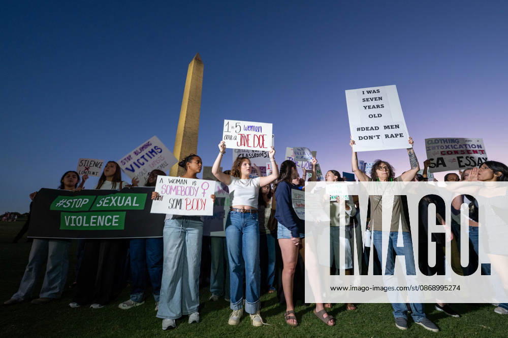 Demonstrators gather near the Washington Monument during a nationwide day of action against sexual violence in Washington. The demonstration is part of the â€oeI Am Jane Doe†movement supporting a former Cornell University student who alleges she was sexually assaulted by members of a fraternity in 2024. Washington United States - ZUMAk206 20261008_znp_k206_025