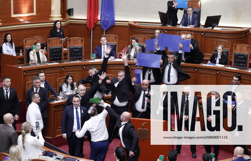 Albanian Parliament Vote the Territorial Reform in Tirana, Albania. Bodyguards try to protect Albanian Prime Minister Edi Rama (C) as an opposition MP throws a water bottle during a parliamentary session where a government s proposed administrative and territorial reform is voted on in Tirana, Albania, early on October 9, 2026. Light Studio Agency Malton Dibra Tirana Albania