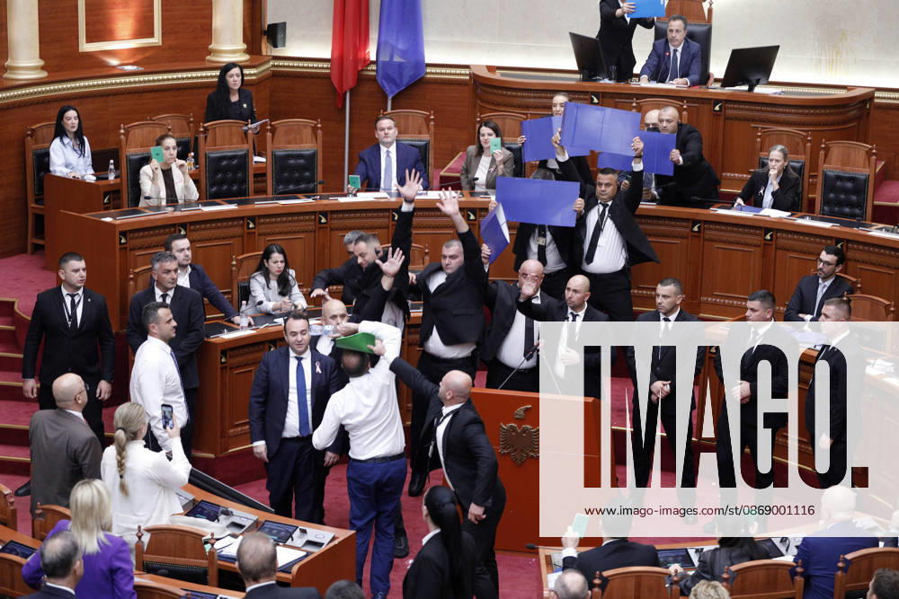 Albanian Parliament Vote the Territorial Reform in Tirana, Albania. Bodyguards try to protect Albanian Prime Minister Edi Rama (C) as an opposition MP throws a water bottle during a parliamentary session where a government s proposed administrative and territorial reform is voted on in Tirana, Albania, early on October 9, 2026. Light Studio Agency Malton Dibra Tirana Albania