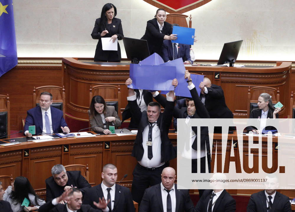 Albanian Parliament Vote the Territorial Reform in Tirana, Albania. Bodyguards try to protect Albanian Prime Minister Edi Rama (C) as an opposition MP throws a water bottle during a parliamentary session where a government s proposed administrative and territorial reform is voted on in Tirana, Albania, early on October 9, 2026. Light Studio Agency Malton Dibra Tirana Albania