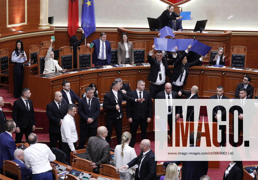 Albanian Parliament Vote the Territorial Reform in Tirana, Albania. Bodyguards try to protect Albanian Prime Minister Edi Rama (C) as an opposition MP throws a water bottle during a parliamentary session where a government s proposed administrative and territorial reform is voted on in Tirana, Albania, early on October 9, 2026. Light Studio Agency Malton Dibra Tirana Albania