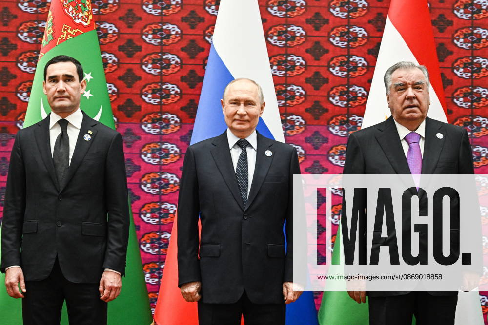 TURKMENISTAN, BALKAN PROVINCE - OCTOBER 9, 2026: Turkmenistan s President Serdar Berdimuhamedow, Russia s Vladimir Putin, and Tajikistan s President Emomali Rahmon (L-R) during a photo op for participants ahead of a meeting of the CIS Council of Heads of State in Turkmenbasy Turkmenistan - ZUMAt113 20261009_zaa_t113_010