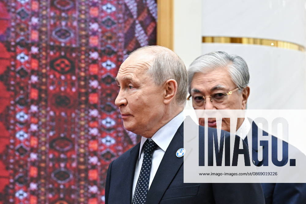 TURKMENISTAN, BALKAN PROVINCE - OCTOBER 9, 2026: Russia s President Vladimir Putin (L) and Kazakhstan s President Kassym-Jomart Tokayev during a photo op for participants ahead of a meeting of the CIS Council of Heads of State in Turkmenbasy Turkmenistan - ZUMAt113 20261009_zaa_t113_013