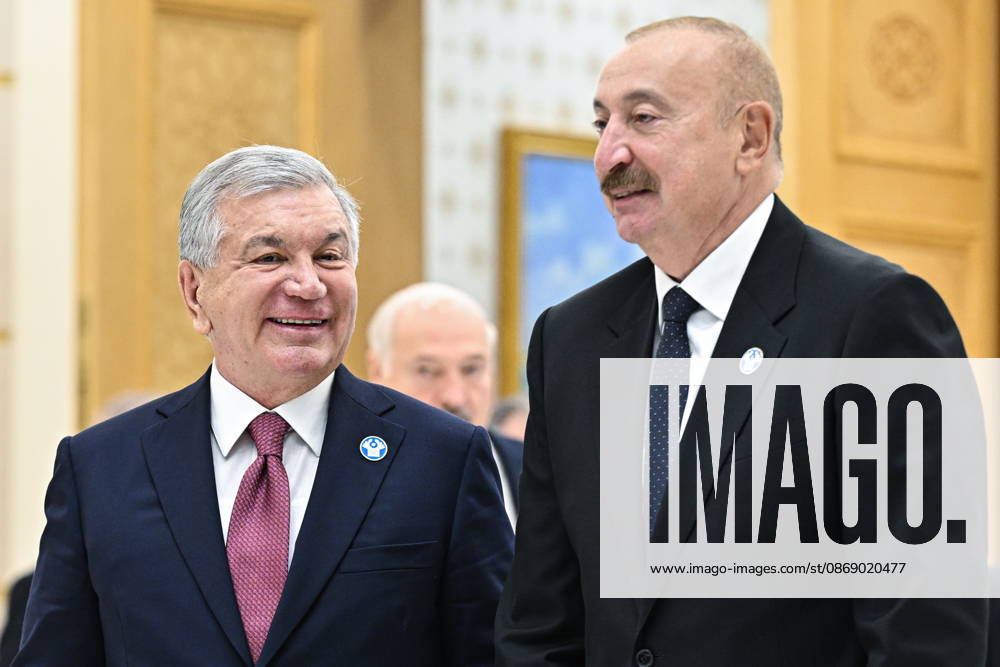 TURKMENISTAN, BALKAN PROVINCE - OCTOBER 9, 2026: Uzbekistan s President Shavkat Mirziyoyev (L) and Azerbaijan s President Ilham Aliyev ahead of a photo op for participants of a meeting of the CIS Council of Heads of State in Turkmenbasy Turkmenistan - ZUMAt113 20261009_zaa_t113_021