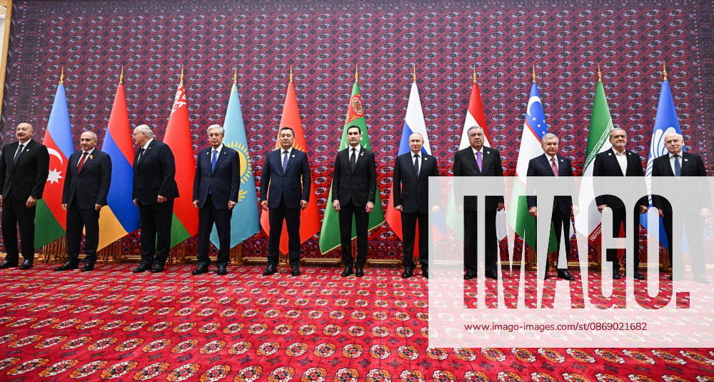 TURKMENISTAN, BALKAN PROVINCE - OCTOBER 9, 2026: Azerbaijan s President Ilham Aliyev, Armenia s Prime Minister Nikol Pashinyan, Belarus President Alexander Lukashenko, Kazakhstan s President Kassym-Jomart Tokayev, Kyrgyzstan s President Sadyr Japarov, Turkmenistan s President Serdar Berdimuhamedow, Russia s President Vladimir Putin, Tajikistan s President Emomali Rahmon, Uzbekistan s President Shavkat Mirziyoyev, Irans President Masoud Pezeshkian and CIS Secretary General Sergei Lebedev (L-R) pose during a photo op for participants of a meeting of the CIS Council of Heads of State in Turkmenbasy Turkmenistan - ZUMAt113 20261009_zaa_t113_027