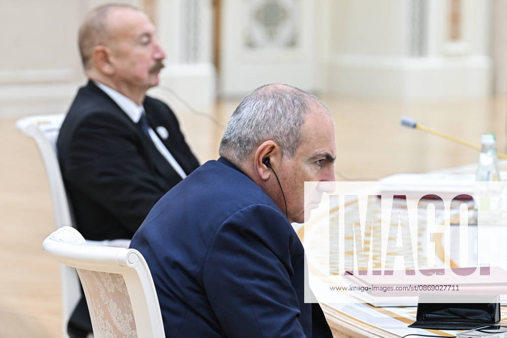 TURKMENISTAN, BALKAN PROVINCE - OCTOBER 9, 2026: Armenia s Prime Minister Nikol Pashinyan (front) and Azerbaijan s President Ilham Aliyev attend a narrow-format meeting of the CIS Council of Heads of State in Turkmenbashi Turkmenistan - ZUMAt113 20261009_zaa_t113_089