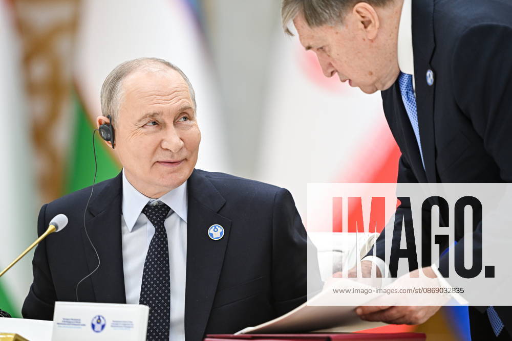 TURKMENISTAN, BALKAN PROVINCE - OCTOBER 9, 2026: Russia s President Vladimir Putin (L) and his adviser Yuri Ushakov attend a narrow-format meeting of the CIS Council of Heads of State in Turkmenbashi Turkmenistan - ZUMAt113 20261009_zaa_t113_153