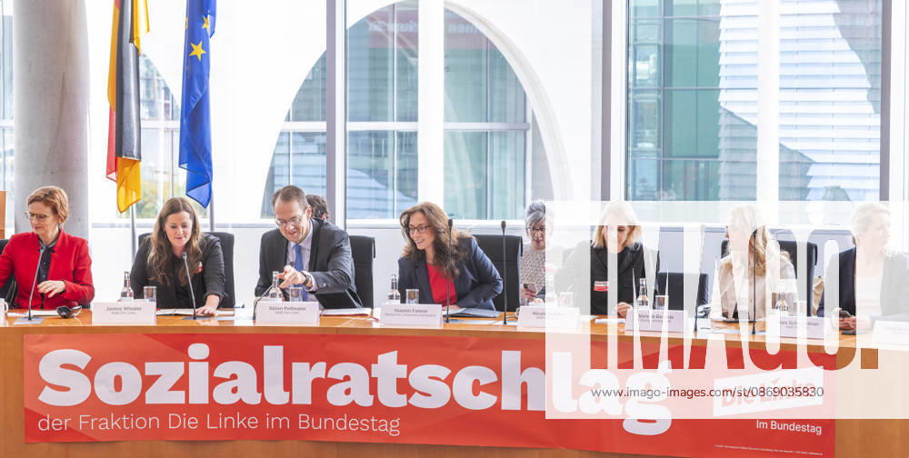 Sozialratschlag EUR, Deutschland, Berlin, 09.10.2026: (l-r) Janine Wissler , Sören Pellmann, Yasmin Fahimi (DGB) und Nicole Gohlke. Auftakt zum Sozialratschlag - Die Fraktion Die Linke im Bundestag veranstaltet eine Konferenz für soziale Sicherheit und gesamtgesellschaftliche Solidarität, mit Teilnehmern als Politik und Gesellschaft.
