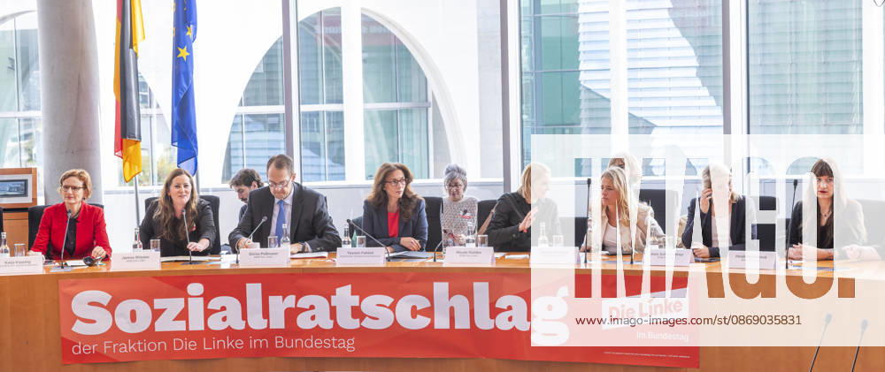 Sozialratschlag EUR, Deutschland, Berlin, 09.10.2026: (l-r) Janine Wissler , Sören Pellmann, Yasmin Fahimi (DGB) und Nicole Gohlke. Auftakt zum Sozialratschlag - Die Fraktion Die Linke im Bundestag veranstaltet eine Konferenz für soziale Sicherheit und gesamtgesellschaftliche Solidarität, mit Teilnehmern als Politik und Gesellschaft.