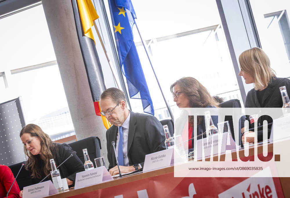 Sozialratschlag EUR, Deutschland, Berlin, 09.10.2026: (l-r) Janine Wissler , Sören Pellmann, Yasmin Fahimi (DGB) und Nicole Gohlke. Auftakt zum Sozialratschlag - Die Fraktion Die Linke im Bundestag veranstaltet eine Konferenz für soziale Sicherheit und gesamtgesellschaftliche Solidarität, mit Teilnehmern als Politik und Gesellschaft.