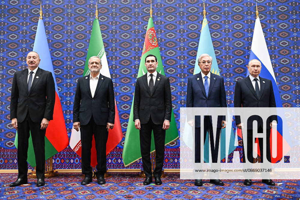 TURKMENISTAN, BALKAN PROVINCE - OCTOBER 9, 2026: Azerbaijan s President Ilham Aliyev, Irans President Masoud Pezeshkian, Turkmenistan s President Serdar Berdimuhamedow, Kazakhstan s President Kassym-Jomart Tokayev, and Russia s President Vladimir Putin (L-R) pose during a photo op for participants of a meeting of the CIS Council of Heads of State in Turkmenbasy Turkmenistan - ZUMAt113 20261009_zaa_t113_194