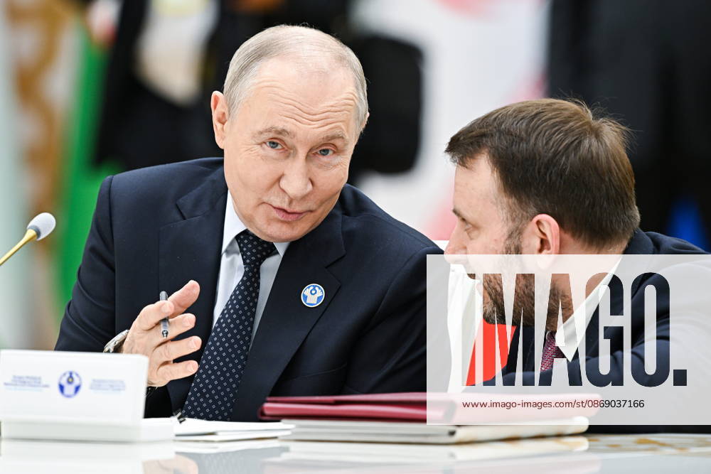 TURKMENISTAN, BALKAN PROVINCE - OCTOBER 9, 2026: Russia s President Vladimir Putin (L) and Maxim Oreshkin, Deputy Chief of Staff, Russian Presidential Executive Office, during an expanded meeting of the CIS Council of Heads of State in Turkmenbashi Turkmenistan - ZUMAt113 20261009_zaa_t113_200