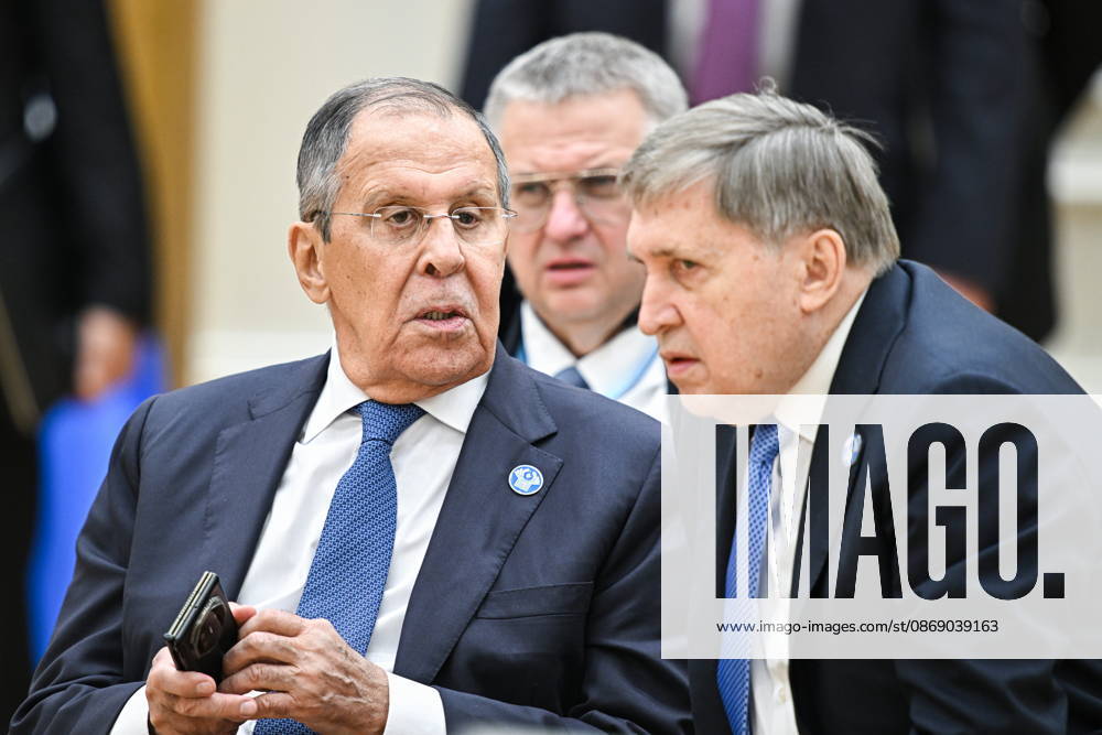 TURKMENISTAN, BALKAN PROVINCE - OCTOBER 9, 2026: Russia s Foreign Minister Sergei Lavrov, Russia s Deputy Prime Minister ALexei Overchuk and President Putin s adviser Yuri Ushakov (L-R) attend an expanded meeting of the CIS Council of Heads of State in Turkmenbashi Turkmenistan - ZUMAt113 20261009_zaa_t113_209