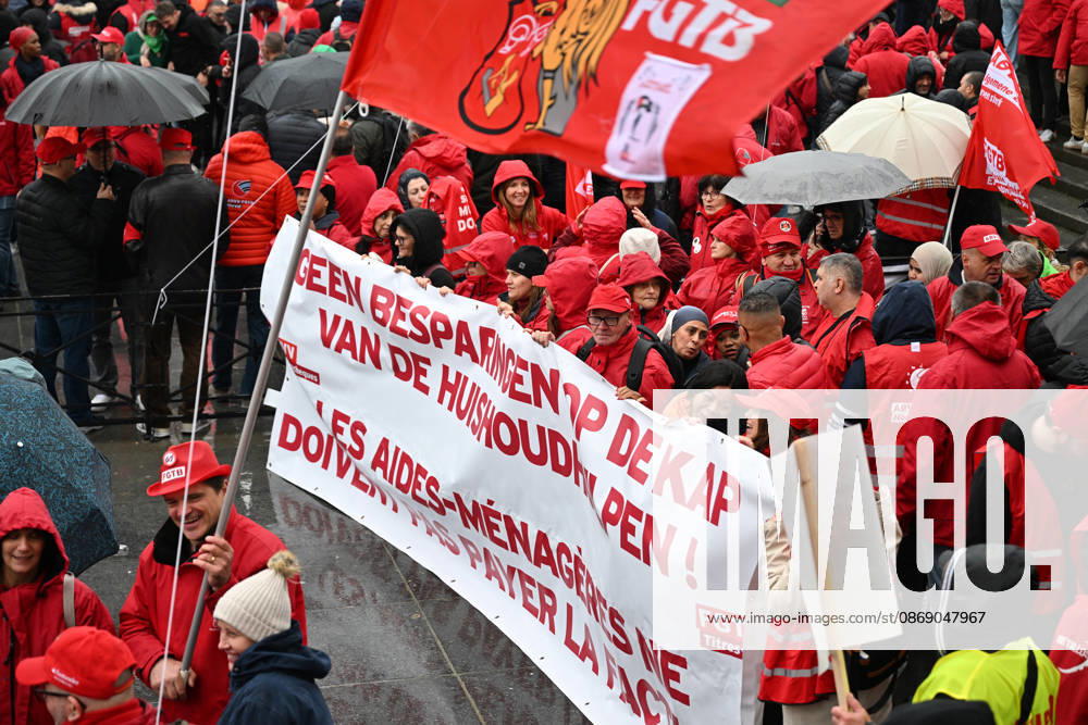 Strike in Belgium disrupts transport BRUSSELS, BELGIUM - OCTOBER 9: Demonstrators carrying trade union flags gather in a central square in Brussels, Belgium on October 9, 2026, during a nationwide strike protesting proposed federal austerity measures and public spending cuts. Organized by major trade union confederations ABVV-FGTB and ACV-CSC, the mass rally coincided with severe transportation disruptions across the country, including approximately 140 flight cancellations at Brussels Airport. Dursun Aydemir Anadolu Brussels Belgium. Editorial use only. Please get in touch for any other usage.