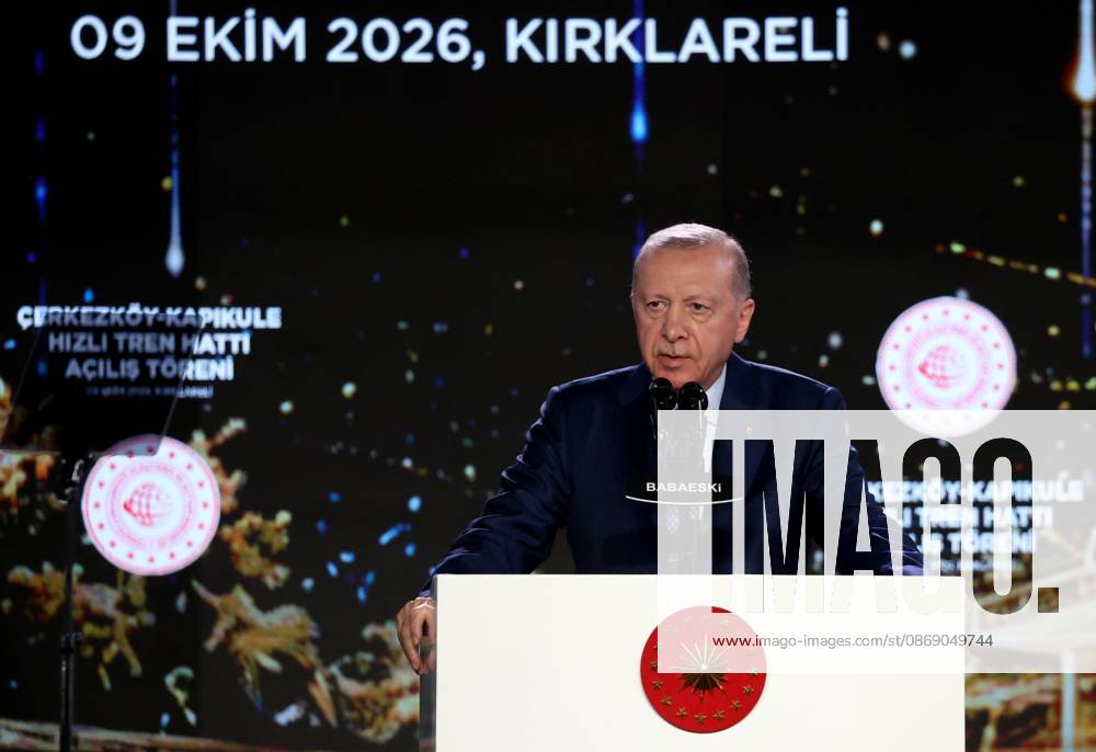 Turkish President Recep Tayyip Erdogan KIRKLARELI, TURKIYE - OCTOBER 9: Turkish President Recep Tayyip Erdogan speaks during the Cerkezkoy-Kapikule High-Speed Railway Line Opening Ceremony in Kirklareli, Turkiye on October 9, 2026. Ozgun Tiran Anadolu Kirklareli Turkey. Editorial use only. Please get in touch for any other usage.