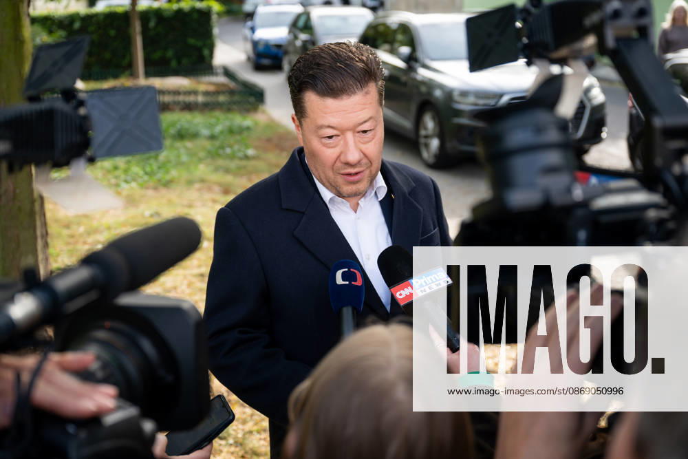 The two-day elections to municipal assemblies started in the Czech Republic together with the first round of the elections to one-third of the Senate, on October 9, 2026. On the photo Tomio Okamura, chairman of the SPD and Speaker of the Chamber of Deputies, speaks to journalists outside a polling station in Prague, Czech Republic. (CTKxPhoto OndrejxDeml) CTKPhotoP2026100905232 CTKPhotoP2026100905232
