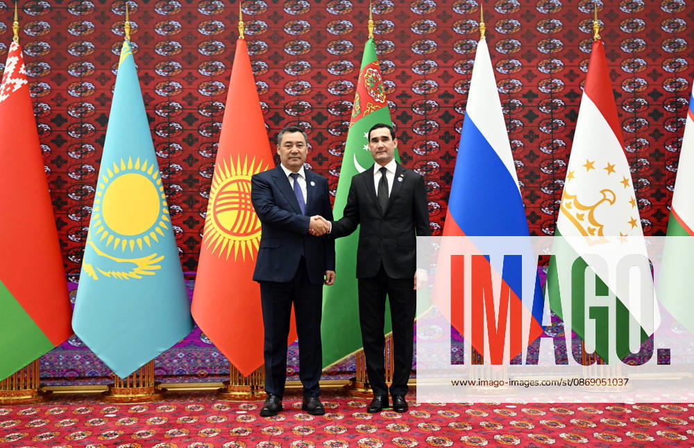 Commonwealth of Independent States (CIS) Council of Heads of State summit AWAZA, TURKMENISTAN - OCTOBER 9: (---- - MANDATORY CREDIT - ‘KYRGYZSTAN PRESIDENCY HANDOUT - NO MARKETING NO ADVERTISING CAMPAIGNS - DISTRIBUTED AS A SERVICE TO CLIENTS----) President of the Kyrgyz Republic Sadyr Japarov (left) is welcomed by President of Turkmenistan Serdar Berdimuhamedov (right) prior to the Commonwealth of Independent States (CIS) Council of Heads of State summit in the Awaza National Tourist Zone near Turkmenbashi, Turkmenistan on October 9, 2026. Kyrgyzstan Presidency Handout Anadolu Awaza Turkmenistan. Editorial use only. Please get in touch for any other usage.