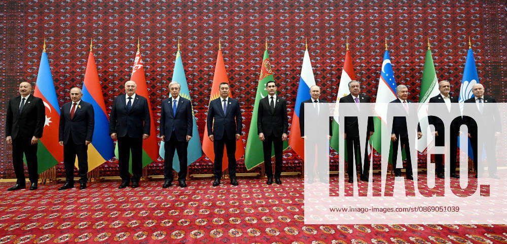 Commonwealth of Independent States (CIS) Council of Heads of State summit AWAZA, TURKMENISTAN - OCTOBER 9: (---- - MANDATORY CREDIT - ‘KYRGYZSTAN PRESIDENCY HANDOUT - NO MARKETING NO ADVERTISING CAMPAIGNS - DISTRIBUTED AS A SERVICE TO CLIENTS----) (L-R) Azerbaijani President Ilham Aliyev, Armenian Prime Minister Nikol Pashinyan, Belarusian President Aleksandr Lukashenko, Kazakh President Kassym-Jomart Tokayev, Kyrgyz President Sadyr Japarov, host Turkmen President Serdar Berdimuhamedov, Russian President Vladimir Putin, Tajik President Emomali Rahmon, Uzbek President Shavkat Mirziyoyev, guest of honor Iranian President Masoud Pezeshkian, and CIS Secretary-General Sergey Lebedev pose for an official family photograph dur