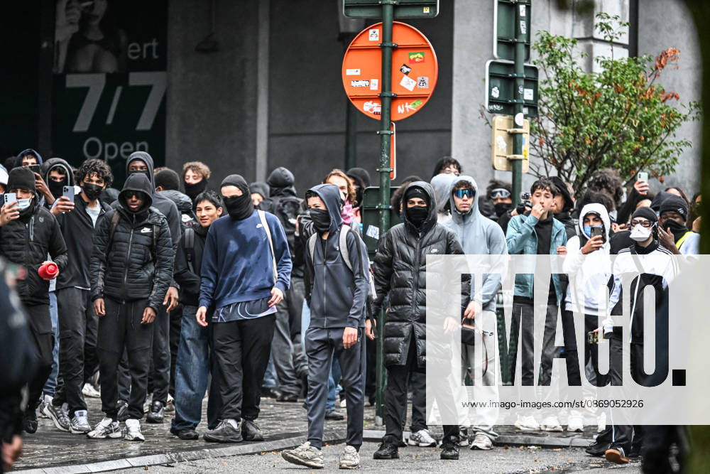 Violent student protests merge with a trade union demonstration near Mont des Arts in Brussels, Belgium, on 9 October 2026. Clashes and disorder unfold as student protesters join the union-led mobilisation in the Belgian capital.