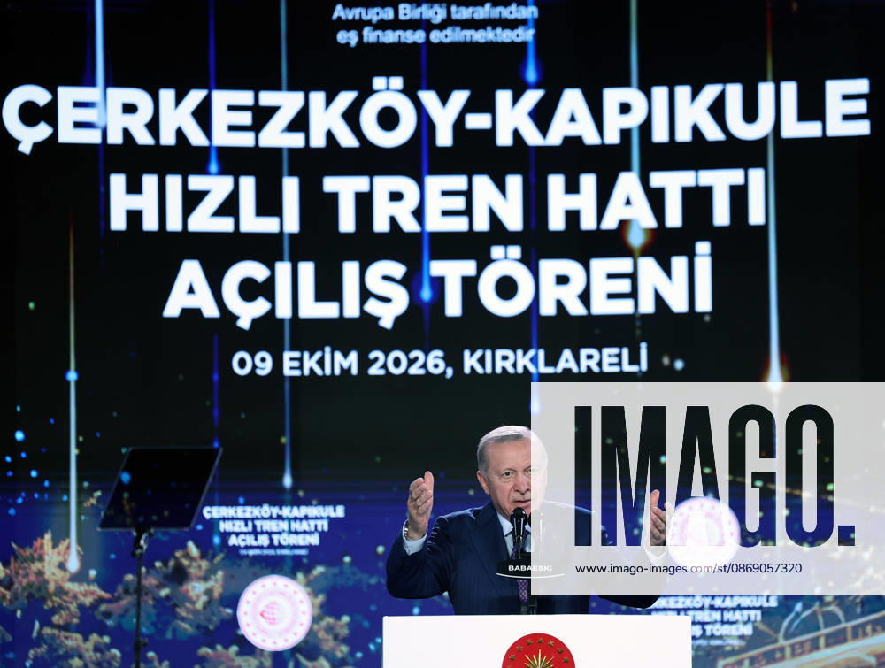 Turkish President Recep Tayyip Erdogan KIRKLARELI, TURKIYE - OCTOBER 9: (---- - MANDATORY CREDIT - TURKISH PRESIDENCY MURAT KULA HANDOUT - NO MARKETING NO ADVERTISING CAMPAIGNS - DISTRIBUTED AS A SERVICE TO CLIENTS----) Turkish President Recep Tayyip Erdogan makes a speech as he attends the Cerkezkoy-Kapikule High-Speed Railway Line Opening Ceremony in Kirklareli, Turkiye on October 9, 2026. Turkish Presidency Murat Kula Handout Anadolu Kirklareli Turkey. Editorial use only. Please get in touch for any other usage.