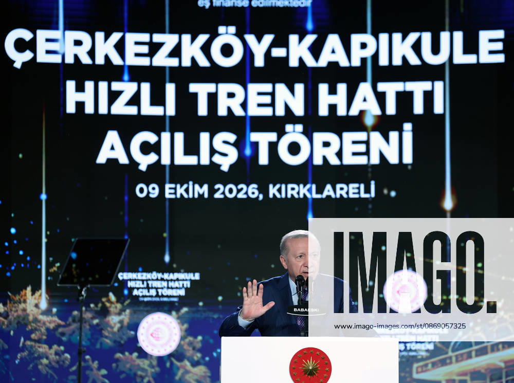 Turkish President Recep Tayyip Erdogan KIRKLARELI, TURKIYE - OCTOBER 9: (---- - MANDATORY CREDIT - TURKISH PRESIDENCY MURAT KULA HANDOUT - NO MARKETING NO ADVERTISING CAMPAIGNS - DISTRIBUTED AS A SERVICE TO CLIENTS----) Turkish President Recep Tayyip Erdogan makes a speech as he attends the Cerkezkoy-Kapikule High-Speed Railway Line Opening Ceremony in Kirklareli, Turkiye on October 9, 2026. Turkish Presidency Murat Kula Handout Anadolu Kirklareli Turkey. Editorial use only. Please get in touch for any other usage.