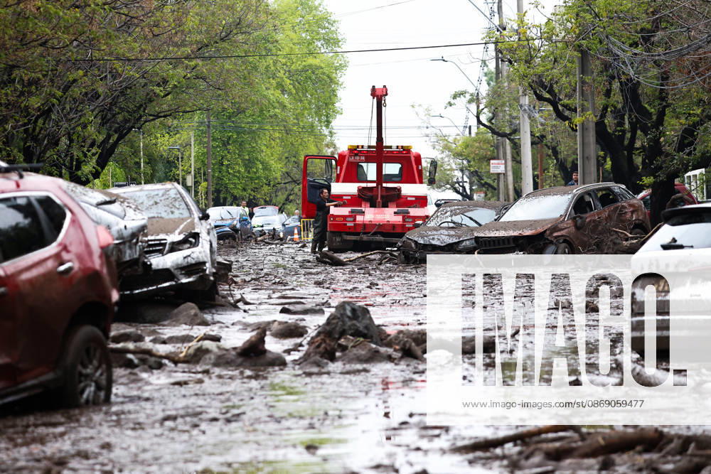 Santiago, October 9, 2026: Consequences of a mudslide that affected the area from San Carlos de Apoquindo to Los Dominicos in the Las Condes district, causing widespread damage and sweeping away vehicles and people. Diego Martin Aton, Chile, Aton 1198148 jpeg
