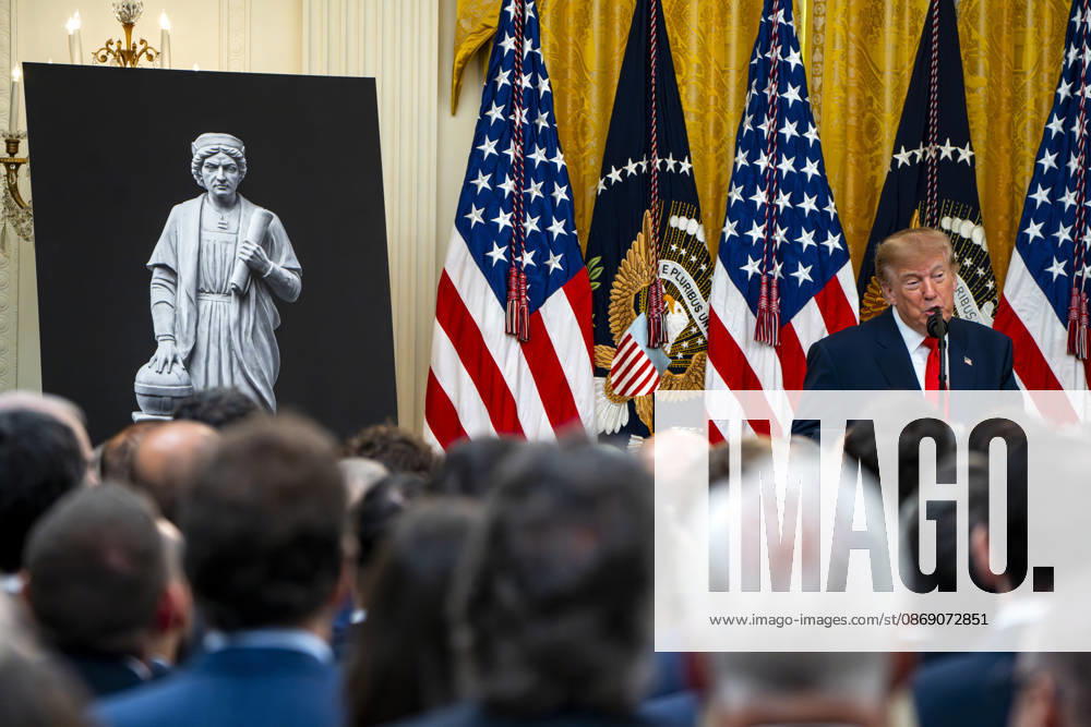 President Donald Trump hosts an event honoring Christopher Columbus in the East Room of the White House in Washington, DC Friday, October 9, 2026. The event highlighted the 13-foot reconstructed statue of Columbus installed outside the Eisenhower Executive Office Building in March after demonstrators in Baltimore threw into the harbor on July 4, 2020. WAP20261009326 BONNIExCASH