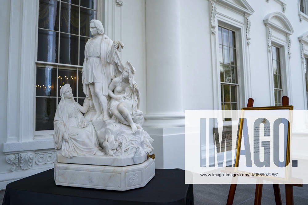 A statue of Christopher Columbus is on display ahead of its permanent relocation to the Rose Garden at the White House in Washington, DC Friday, October 9, 2026. WAP20261009333 BONNIExCASH