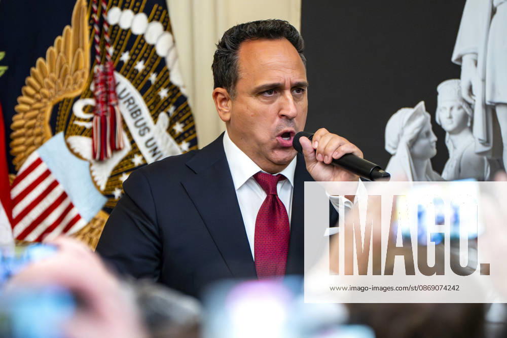 Singer Christopher Maccio performs during an a event honoring Christopher Columbus in the East Room of the White House in Washington, DC Friday, October 9, 2026. The event highlighted the 13-foot reconstructed statue of Columbus installed outside the Eisenhower Executive Office Building in March after demonstrators in Baltimore threw into the harbor on July 4, 2020. WAP20261009334 BONNIExCASH