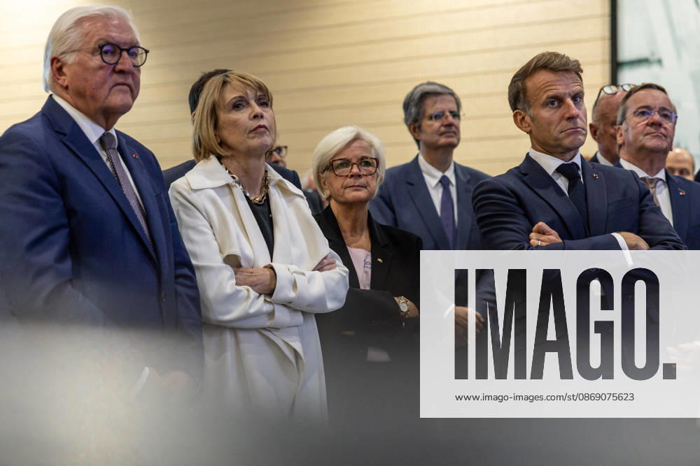 French President Emmanuel Macron and German President Frank Walter Steinmeier visit the Laser Mégajoule research facility operated by the French Alternative Energies and Atomic Energy Commission (CEA). The facility is part of France’s nuclear deterrence simulation program, located in Le Barp, France, on October 9, 2026. Margot Le Gonidec, Pool Bestimage, Le Barp, France