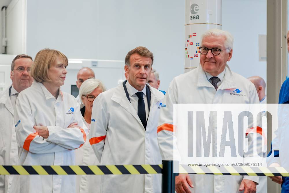 STATE VISIT BY MR. FRANK WALTER STEINMEIER, PRESIDENT OF THE FEDERAL REPUBLIC OF GERMANY, ACCOMPANIED BY THE PRESIDENT OF THE FRENCH REPUBLIC, EMMANUEL MACRON. PHOTO: PQR SUD OUEST, GUILLAUME BONNAUD, Bordeaux, October 9, 2026. On October 9, 2026, in Gironde: State visit by Mr. Frank-Walter Steinmeier, President of the Federal Republic of Germany, accompanied by the President of theEMMANUEL MACRON, PRESIDENT OF THE FRENCH REPUBLIC, PHOTO BY GUILLAUME BONNAUD AT THE ARIANE GROUP SITE IN MÉRIGNAC Emmanuel Macron during a visit to the site of the aerospace company Ariane Group in Mérignac, southwestern France, on October 9, 2026, Bordeaux, Gironde, France